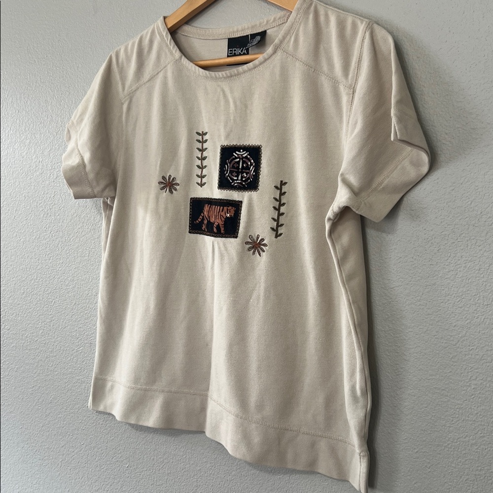 Erika Beige Embroidered Top Tiger Design Earthy Women’s PM Boho Granola Girl‎ - Picture 3 of 6